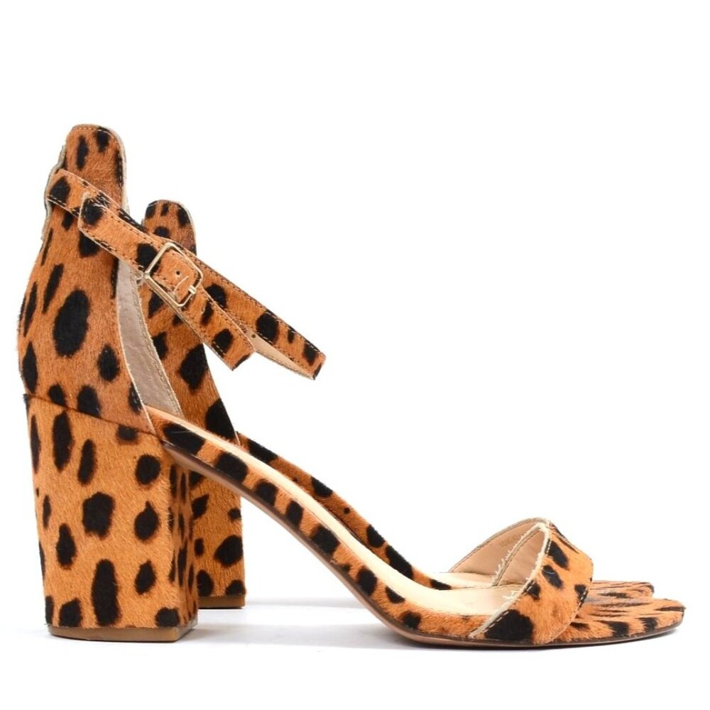 Vince Camuto Beah Women Size 10 Block Heel Ankle Strap Sandal Leopard Cow Hair
